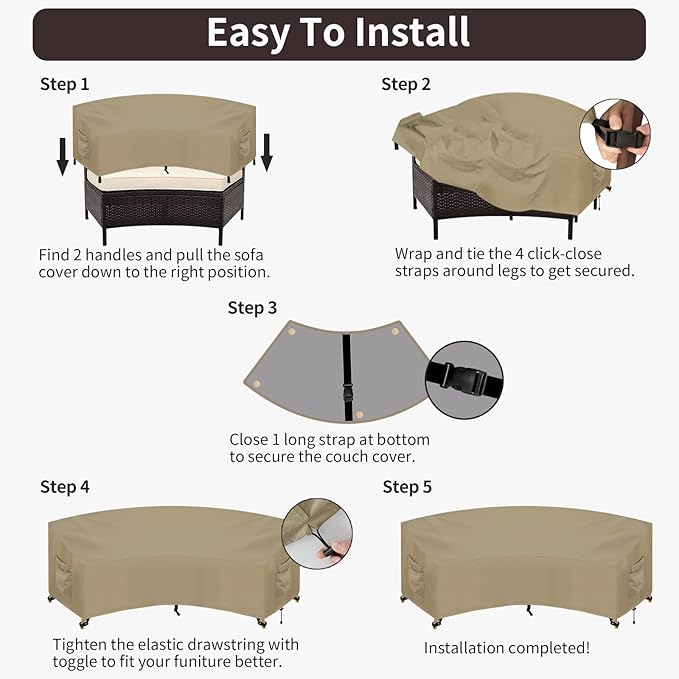 PureFit Outdoor Sectional Sofa Cover Waterproof Curved Patio Furniture Covers for Deck, Lawn and Backyard, 90Lx34Dx32Hx46FL, Camel