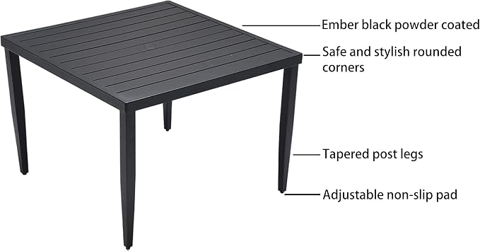 5-Piece Patio All Aluminum Furniture Set, All-Weather Resistant Outdoor Patio Set, 40" Square Dining Table with Umbrella Hole and 4 Swivel Rockers Fabric Upholstered,Ember Black