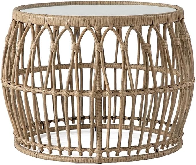 Afuera Living Round Outdoor Coffee Table, Natural PE Wicker/Rattan with Tempered Glass Top, 21.65" Diameter x 15.75" Height, Powder-Coated Steel Frame, Boho Style for Patio, Garden, or Indoor Spaces