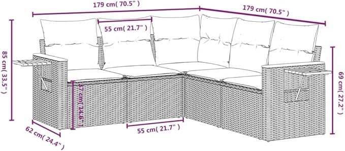 vidaXL Patio Sofa Set with Cushions 5 Piece, Outdoor Conversation Set, Sectional Sofa for Balcony Garden, Modern Style, Black Poly Rattan