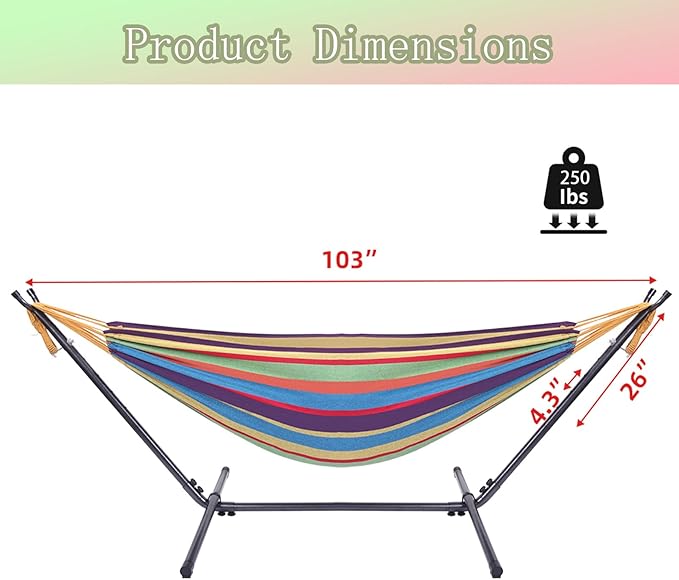 Hammock with Stand, Heavy Duty Hammock with Carrying Bag, Polyester Outdoor Leisure Hammocks for Outside Backyard, Camping, Garden, Yard, Patio, 250 lbs Weight Capacity (Colorful)