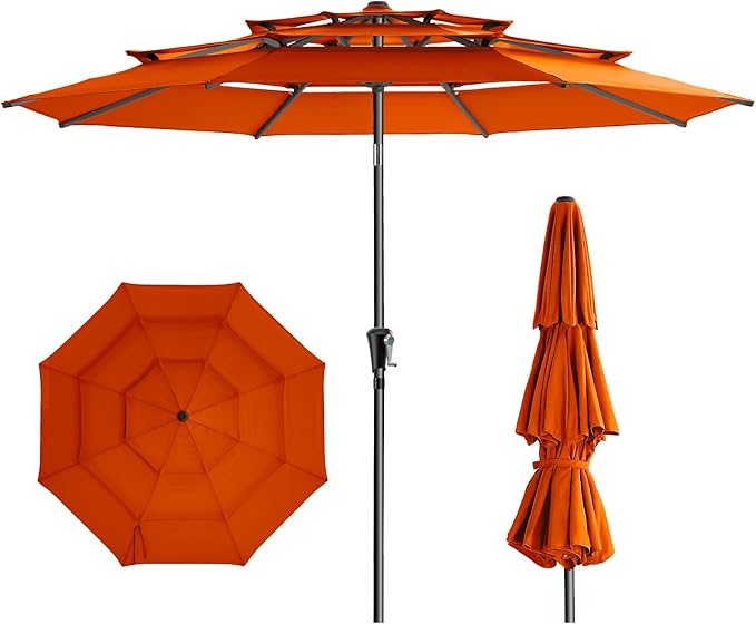HOMSHADE 9FT 3-Tiers Outdoor Patio Umbrella with 5-Year Fade Resistant,Vented Outdoor Commercial Market Umbrella with UPF50+ UV Protection & Push Button Tilt and Crank for Pool,Backyard(Orange)