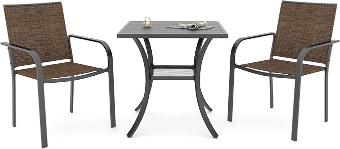 Anmutig Small Outdoor Dining Set with Patio 27.5" Metal Square Table and 2 Stackable Brown Chairs - 3 Piece