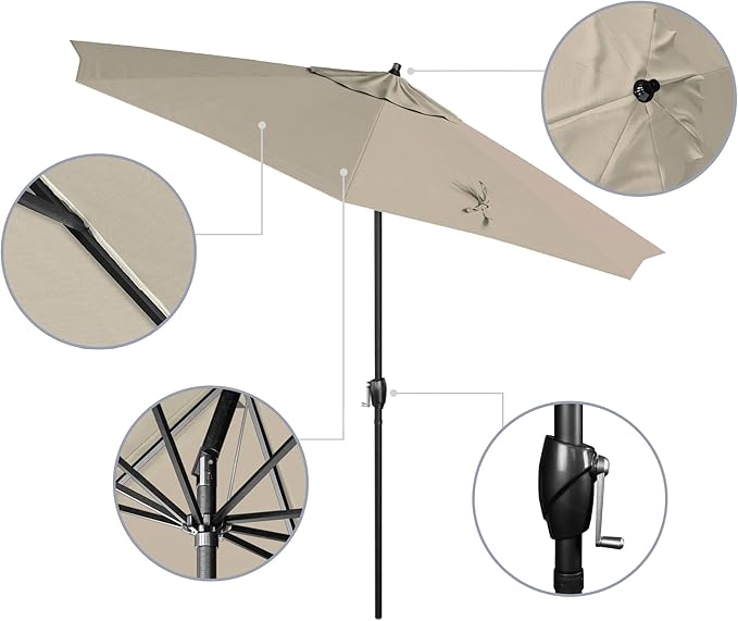California Umbrella 12-Year Protection 9' Rd Aluminum Patio Umbrella, Crank Lift, Auto Tilt, Black Finish, Sunbrella Canvas