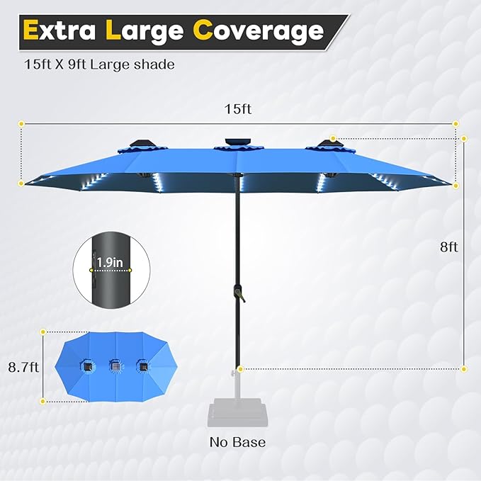 AECOJOY 15ft Patio Umbrella with Solar Lights, Large Patio Umbrella with Crank Handle and 156 PCS LED Lights, Outdoor Rectangular Market Umbrella for Backyard Deck Pool in Blue(1.9" Pole)