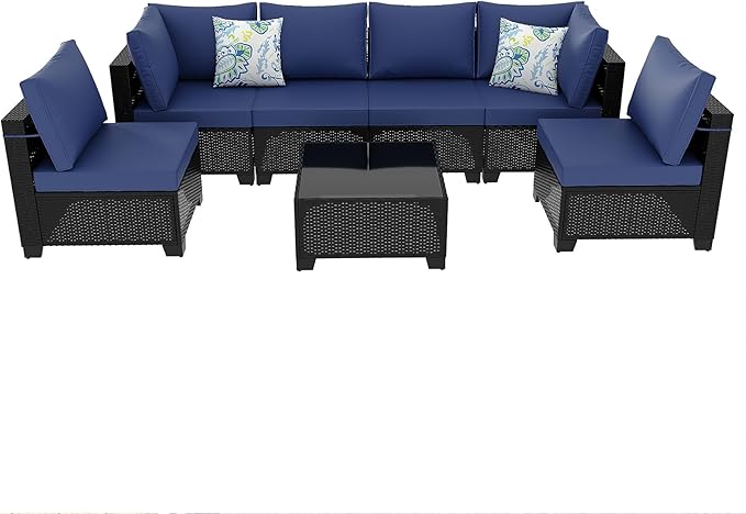 Peacabo7 Pieces Patio Furniture Set, Outdoor Sectional Rattan Sofa Set, Wicker Patio Conversation Set with Cushions and Glass Coffee Table, for Balcony, Porch, Garden, Coffee and Blue