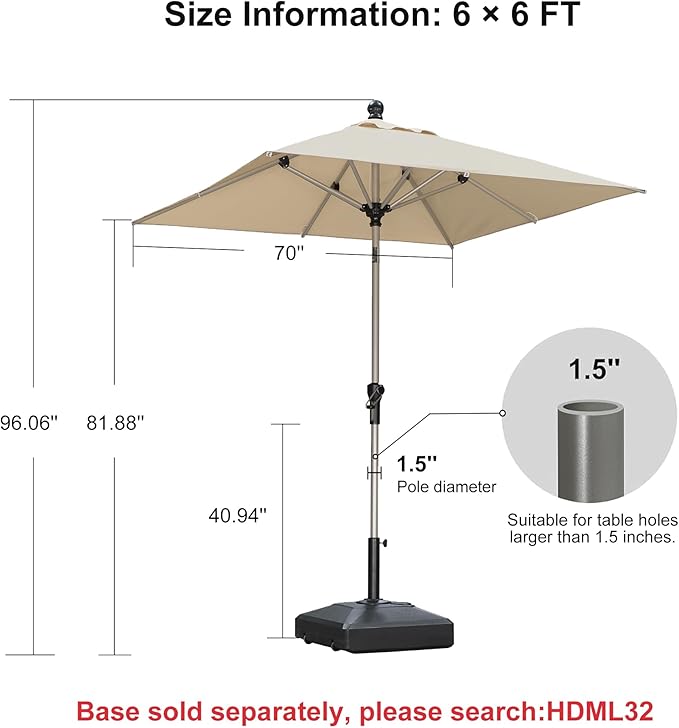 PURPLE LEAF 6' x 6' Square Patio Umbrella with Tilt Adjustment, Outdoor Table Umbrella Champagne Aluminum Frame, Market Umbrella Pool Umbrella for Deck Garden, Patio, or Poolside