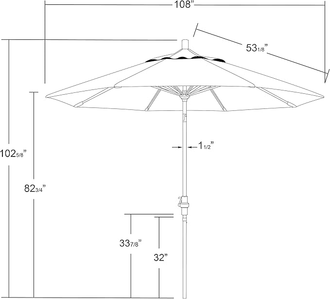 California Umbrella 9' Round Aluminum Market Umbrella, Crank Lift, Collar Tilt, White Pole, Pacifica Pacific Blue
