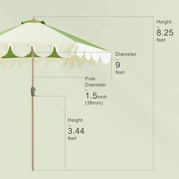 Tempera 9ft Scalloped Patio Umbrellas with Fringe, Market Umbrellas with Water-Resistant and Fade Resistant Canopy, 1.5" Wood Pole & Button Tilt.