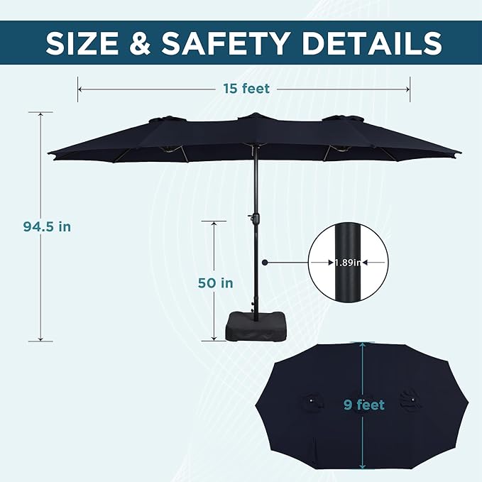 15FT Extra Large Patio Umbrella with Base Included, Heavy Duty Rectangle Outdoor Market Umbrella with 12 Strong Ribs for Patio, Garden, Lawn, Deck & Pool