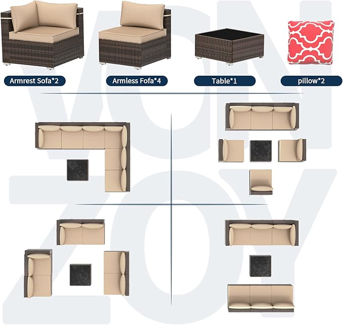 Outdoor Patio Furniture Set 7 Pieces Sectional Rattan Sofa Set, PE Rattan Wicker Patio Conversation Set with 6 Seat Cushions and 1 Tempered Glass Table and Furniture Cover, Brown
