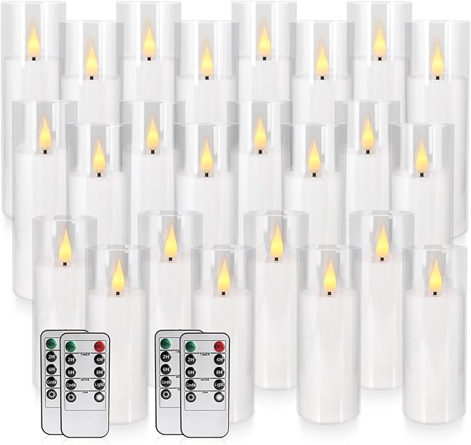 YOROXRG Set of 24 Flickering Flameless Candles Battery Operated with Remote and 2/4/6/8 H Timer Plexiglass Led Pillar Candles with Realistic Moving Wick Candles for Home Decor (D2.2"xH 5"6"7")(White)