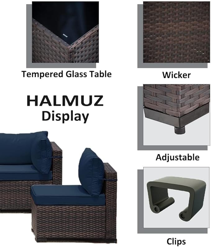 8 Pieces Outdoor Patio Furniture Sets w/55000 BTU Propane Fire Pit Table,Wicker Conversation Sofa,Includes 6 All-Weather High Back PE Rattan Seating Components w/Coffee Table&Gas Fire Pit,Navy