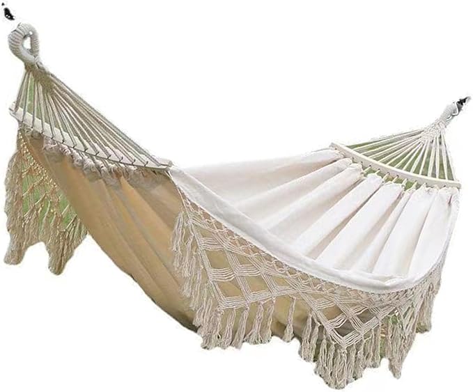 Backyard Hanging Hammock with Tassels, 500lb Load Capacity, Single Double Size 102x59in - Lightweight Foldable Outdoor Cotton - Polyester Blend for Garden, Patio, Camping Relaxat (White)