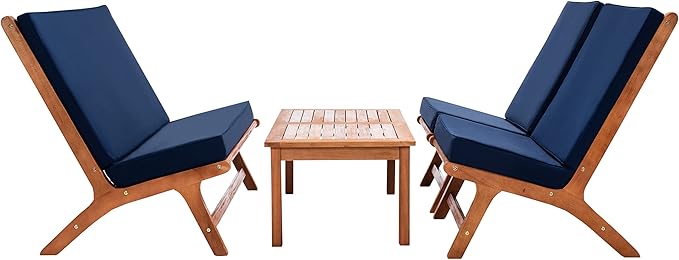 SAFAVIEH Outdoor Collection Chaston Natural Wood/Navy Cushion 4-Piece Conversation Patio Set