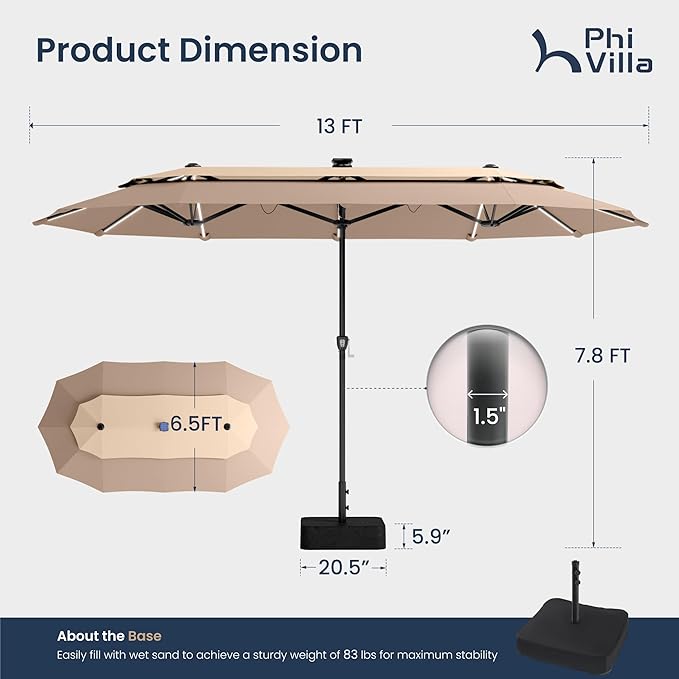 PHI VILLA 13ft Patio Umbrella with 120 PCS Solar-Powered LED Color-Changing Lights, 2-Tier Double-Sided Large Rectanglular Umbrella with Base Included, Beige&Tan