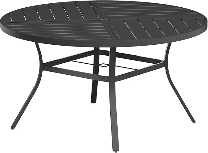 VICLLAX Round Patio Table with Adjustable Umbrella Hole for 6, All Weather 50" Metal Outdoor Dining Table for Lawn Garden, Black