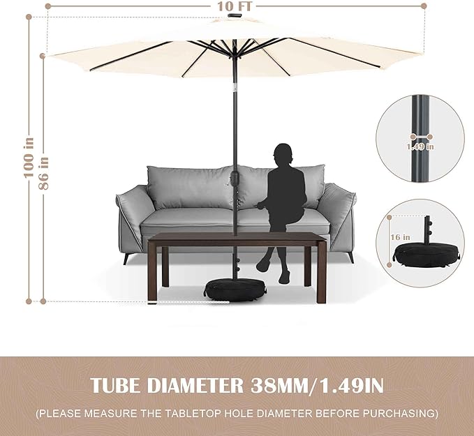 Sundale Outdoor OLEFIN LED Solar Patio Umbrella with Sand Bag Umbrella Base, Outdoor Umbrella with Tilt and Crank