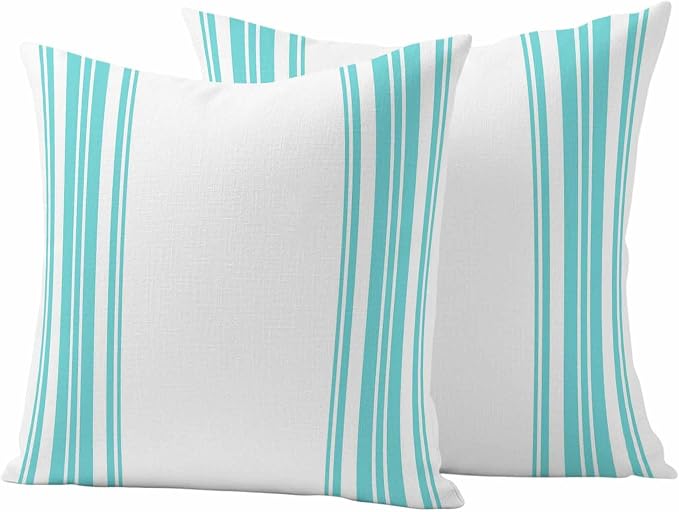 Outdoor Waterproof Throw Pillow Covers Set of 2 Turquoise Stripes Pillowcases 16x16 Inches White Vertical Striped Decorative Pillows Cushion Case Patio Pillows for Couch Bed Chair Garden