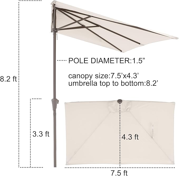 COBANA 7.5’by 4’Half Rectangular Outdoor Patio Umbrella for Patio, Balcony, Garden, Deck, Cream White