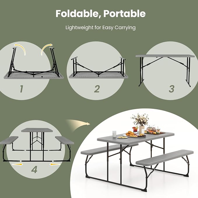 Tangkula Folding Picnic Table with 2 Benches, Outdoor Metal Camping Table Set with Plastic Wood-Like Texture Tabletop & Steel Frame, Foldable Camping Table for Picnic, Party, BBQ (Grey)