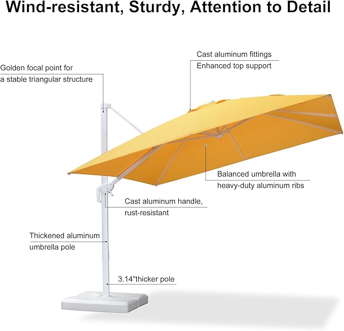 PURPLE LEAF 10 FT Patio Umbrella With Base White Cantilever Umbrella Square Outdoor Offset Umbrella Windproof with 360° Rotation for Garden Deck Pool, Yellow