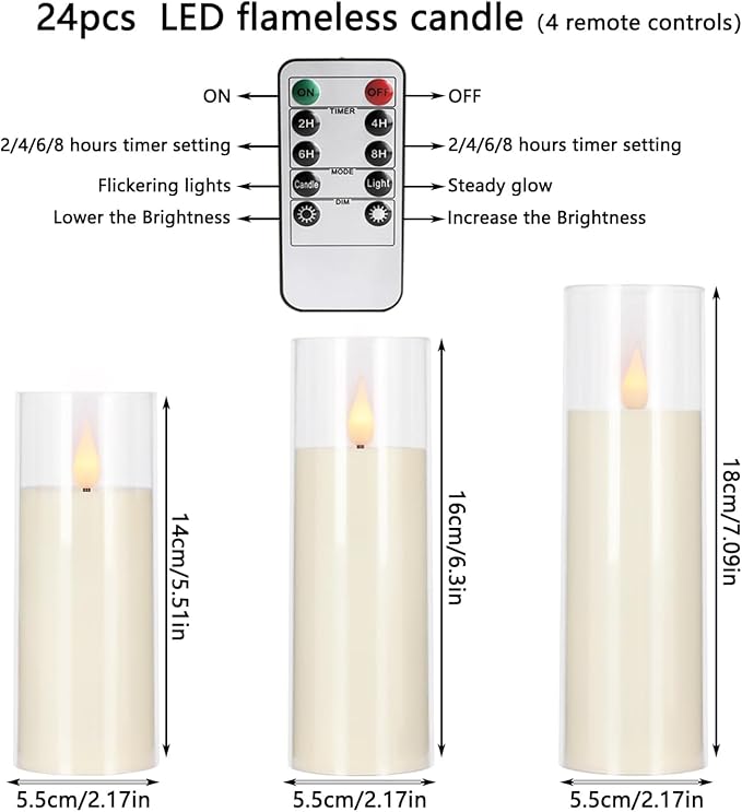 Enpornk Set of 24 Flameless Led Battery Opeated (D2.2'' x H5''6''7'') Realistic Moving Wick Candles with 10-Key Remotes and Cycling 24 Hours Timer