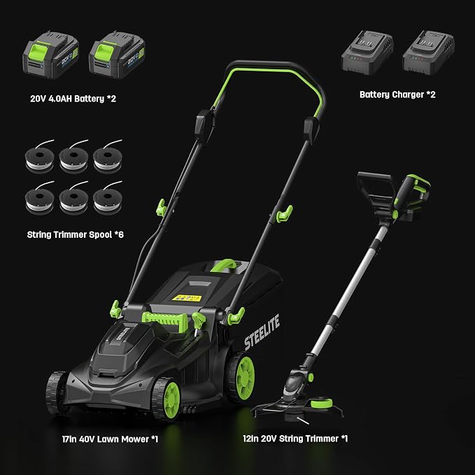 STEELITE 40V 17" Electric Lawn Mower & 12" String Trimmer Combo Set, Yard Care Kit with 2x4.0Ah Batteries & Dual Chargers