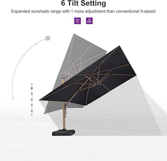 PURPLE LEAF 12FT Patio Umbrella With Base Square Cantilever Umbrella Teak Finished Aluminum Frame Large Windproof Offset Outdoor Sun Umbrellas for Beach Pool Deck, Grey
