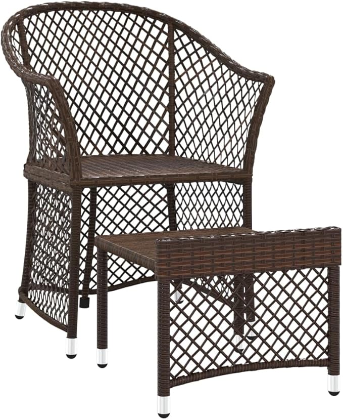2 Piece Patio Lounge Set of Round Brown and White Poly Rattan Chairs with Steel Frame 16.9 x 16.5 x 14.4 in Small Outdoor Furniture for Balcony Garden Apartment Porch