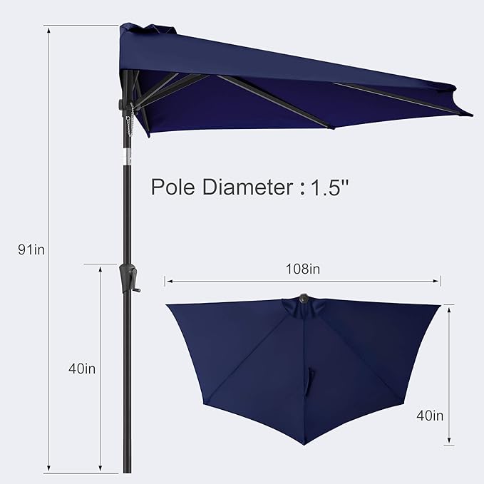 FLAME&SHADE 9ft Half Patio Umbrella - Half Outdoor Umbrella with Tilt UV Protection Waterprool, Half Round Table Umbrella for Wall Balcony, Pool, Porch, Garden, Deck, Market, Backyard (Navy Blue)