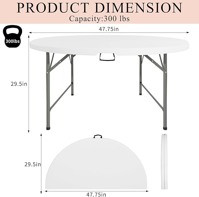 4 FT Round Folding Tables with Carrying Handle Lightweight Portable Plastic Commercial Table Steel Legs for Party, Dining, Wedding, Events, Picnic Indoor, Outdoor (White,1 Pack)