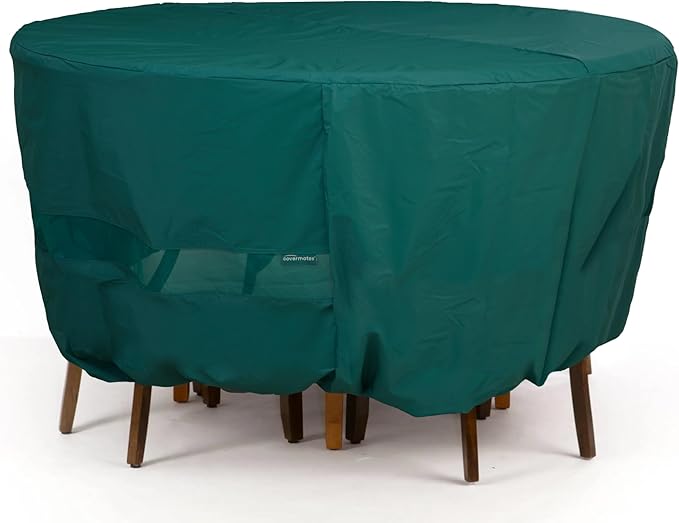 Covermates Classic Round Patio Dining Table and Chair Set Cover – All-Weather Outdoor Furniture Protection, Water-Resistant Vinyl, Elastic Hem, Mesh Vents, Full Table 72 DIAMETER x 30H, Green