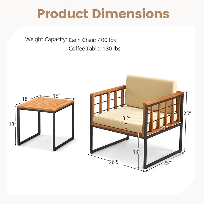 Tangkula 3 Pieces Patio Chair Set, Acacia Wood Outdoor Sofa Set with Metal Support, Soft Seat & Back Cushions Included, Cushioned Bistro Set for Balcony, Porch, Backyard (Beige)
