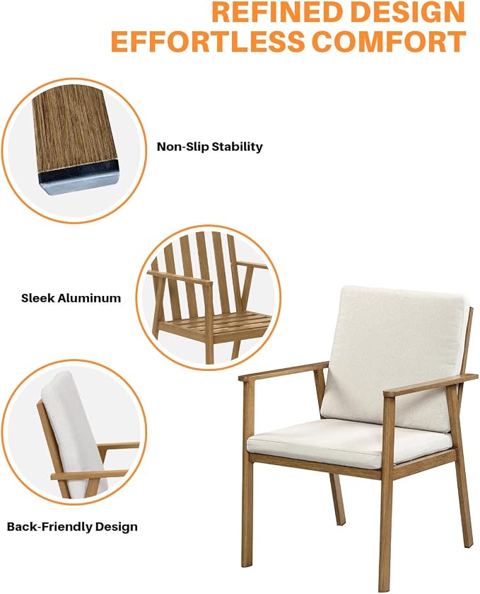 Outdoor Patio Dining Chair Set of 2, Never-Rust Outdoor Aluminum Patio Chairs with Thickened Cushions, Patio Dining Furniture Chairs Set for Garden, Backyard, Porch, Lawn, Teak