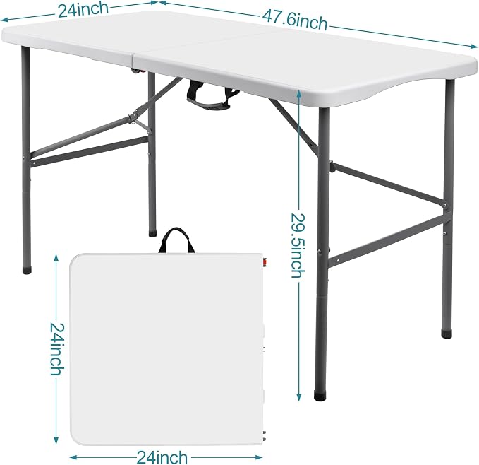 Plastic Folding Table 4ft,Outdoor Folding Utility Table Adjustable, Portable Picnic Camping Table with w/Handle, Lock for Party, Wedding, Kitchen, Beach, Kitchen, BBQ - White