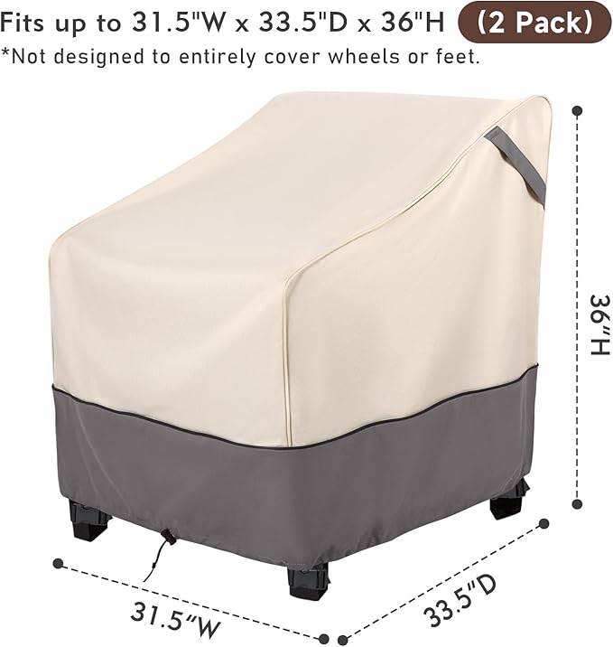 Waterproof Patio Chair Covers 2-Pack, Heavy Duty 600D Oxford Outdoor Furniture for Deep Seat Chairs, Weather-Resistant Windproof All-Season Protection, 31.5"W x 33.5"D x 36"H (Beige/Grey)