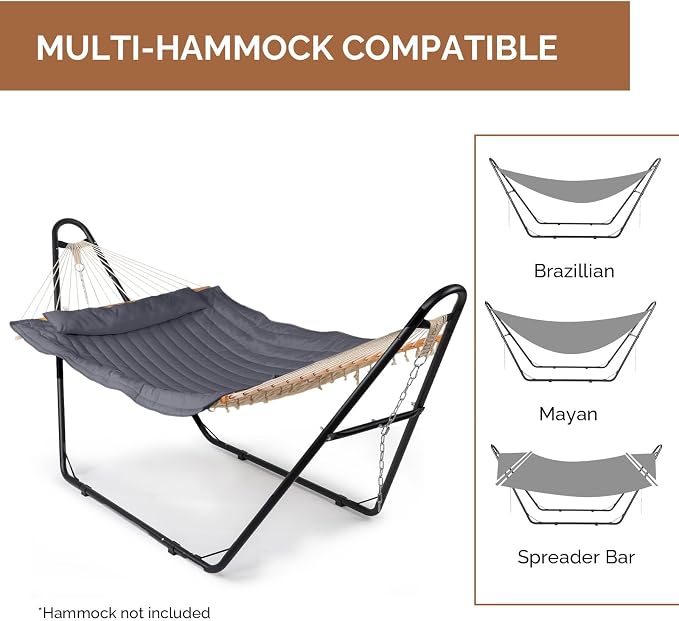 Double-Barrel Hammock Stand Heavy Duty Steel Frame, Black | 3 Adjustable Hanging Methods, Anti-Rust Coating, Anti-Slip Foot Pads, 315 x 104 x 128 cm,