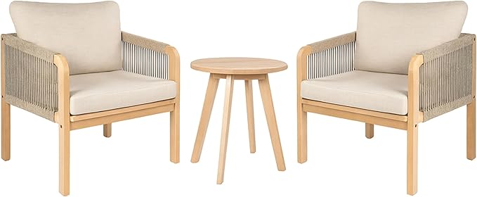 JONATHAN Y LVG1204A-3SET Aveiro 3-Piece Modern Bohemian Roped Corner Acacia Wood Conversation Outdoor Patio Set with Cushions for Patio, Garden, Lawn, Backyard, Deck, Beige/Light Teak