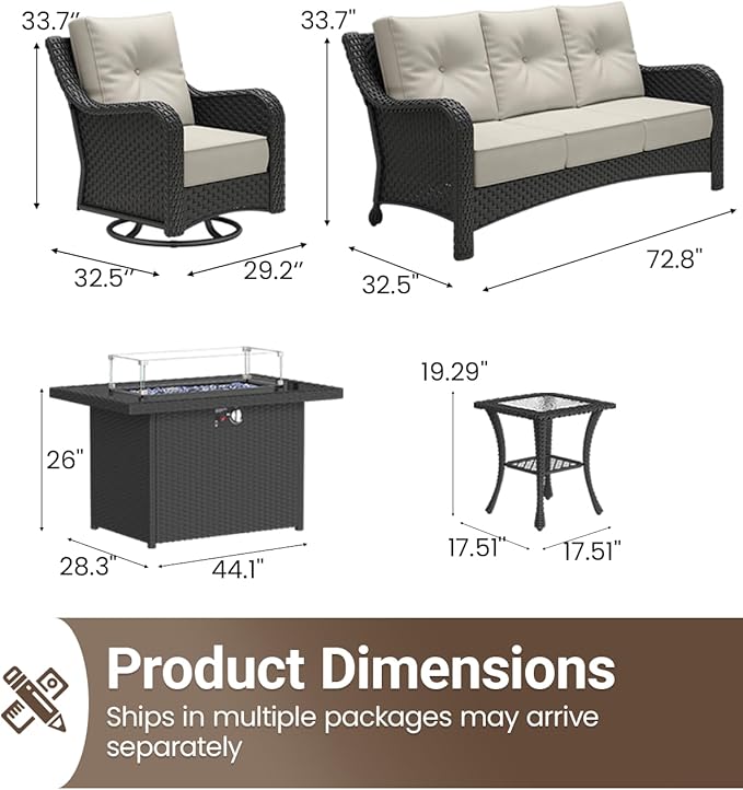 5 Pieces Outdoor Furniture Set with 6-inch Cushions, High Back Wicker Swivel Rocker Chairs with Fire Pit Table, Luxury Conversation Set for Deck Patio and Poolside