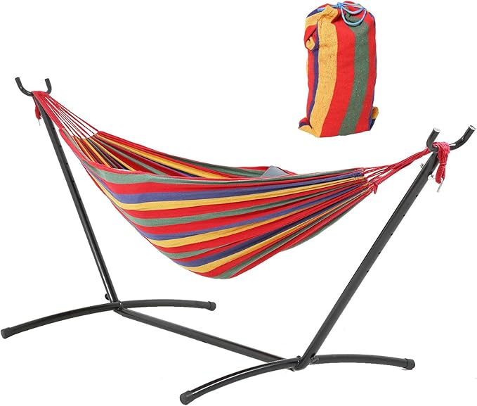 Double Hammock with Space Saving Steel Stand,(450 lb Capacity - Premium Carry Bag Included),Portable Hammock with Heavy Duty Steel Stand for Backyard,Camping or Garden,Red