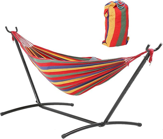 Double Hammock with Space Saving Steel Stand,(450 lb Capacity - Premium Carry Bag Included),Portable Hammock with Heavy Duty Steel Stand for Backyard,Camping or Garden,Red