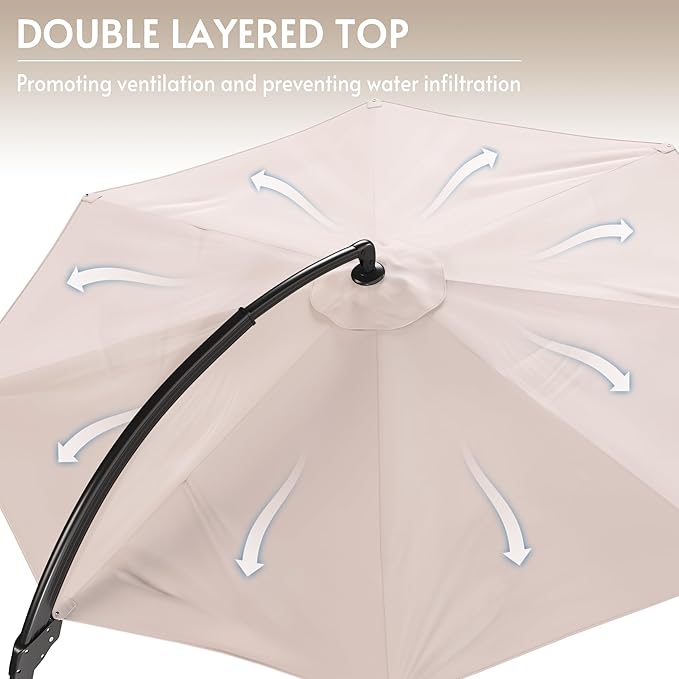 12FT Solar Powered LED Light Cantilever Patio Umbrella with Base Included, Large Cantilever Umbrella with 360°Rotation, Heavy-Duty Offset Outdoor Umbrella for Patio,Pool,Backyard (Champagne)