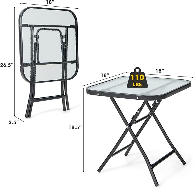 HAPPYGRILL 18” Folding Square Glass Side Table, Portable Patio Bistro Coffee Table with Tempered Glass Tabletop, Solid Steel Structure, Ideal for Poolside Backyard Living Room