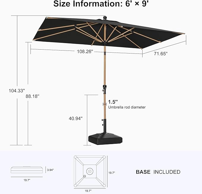 PURPLE LEAF 6' x 9' Patio Umbrella with Base Market Umbrella Rectangular Outdoor Umbrella with Push Button Tilt & Crank and 8 Ribs Aluminum Table Umbrella for Pool Backyard Beach, Black