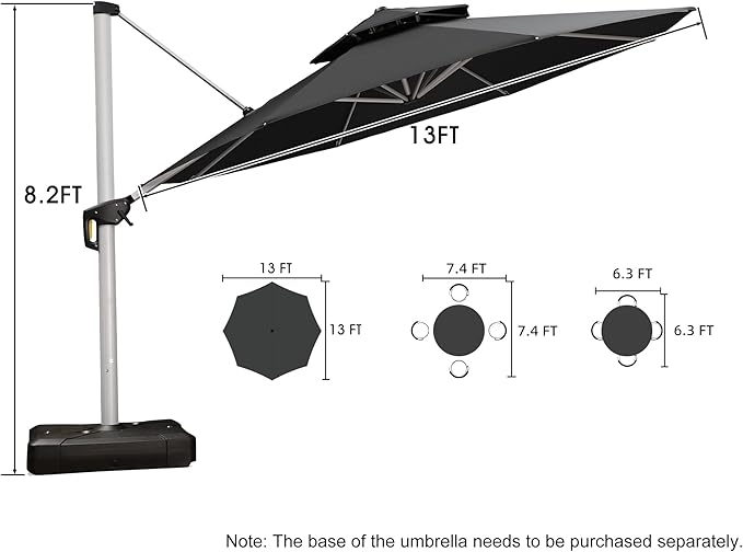 PURPLE LEAF 13 Feet Double Top Round Deluxe Patio Umbrella Offset Hanging Umbrella Outdoor Market Umbrella Garden Umbrella, Black