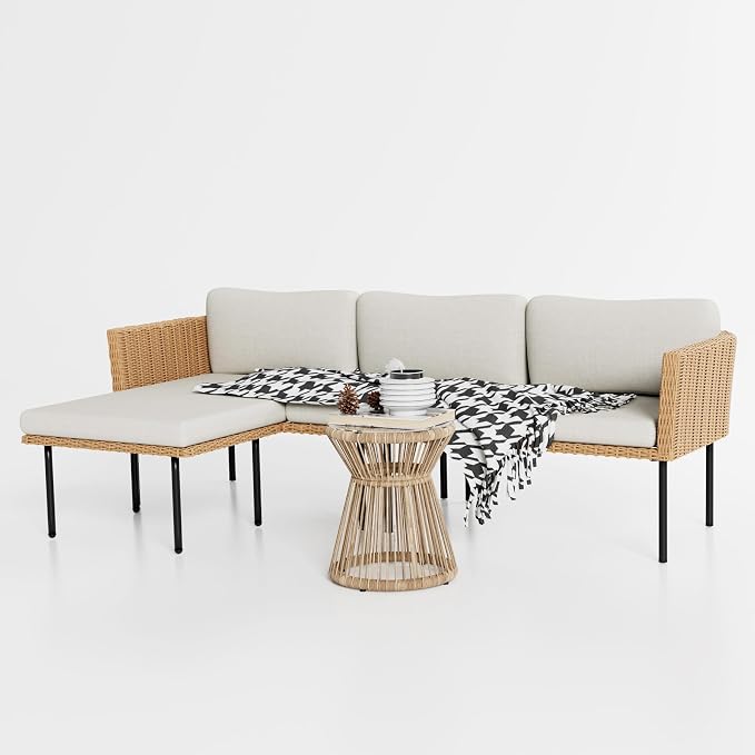 DECMICO 3-Piece Patio Furniture Set, L-Shaped Outdoor Sectional Sofa with Thick Cushions, All-Weather Rattan Conversation Set, Boho Style Detachable 3-Seater Lounger (Beige)