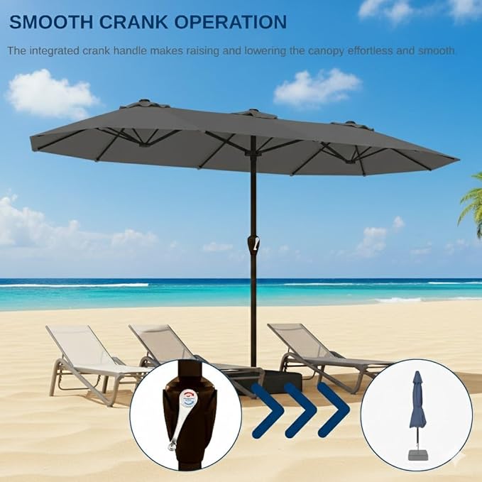 15FT Large Patio Umbrella with Base, Double Sided Rectangular Outdoor Umbrella with Sturdy Fiberglass Ribs, UPF 50+ Sun Protection, Wind-Resistant, Waterproof Fade-Resistant Fabric for Pool, Garden, Backyard, Deck(Gray)