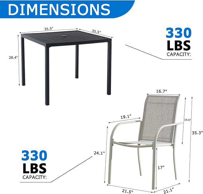 5-Piece Outdoor Dining Set, 35.5" Square Metal Patio Table with Grey Chairs, Black Table with Umbrella Hole for Garden, Yard, Patio