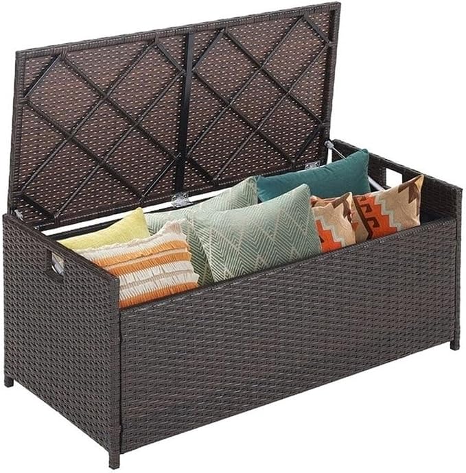 Pemberly Row 34 Gallon Patio Wicker Storage Deck Box, Hand-Woven PE Rattan Finish, Off Brown Color, Water-Resistant Lining, Gas Strut Lid, Cushion Seating, Multi-Functional for Outdoor Use